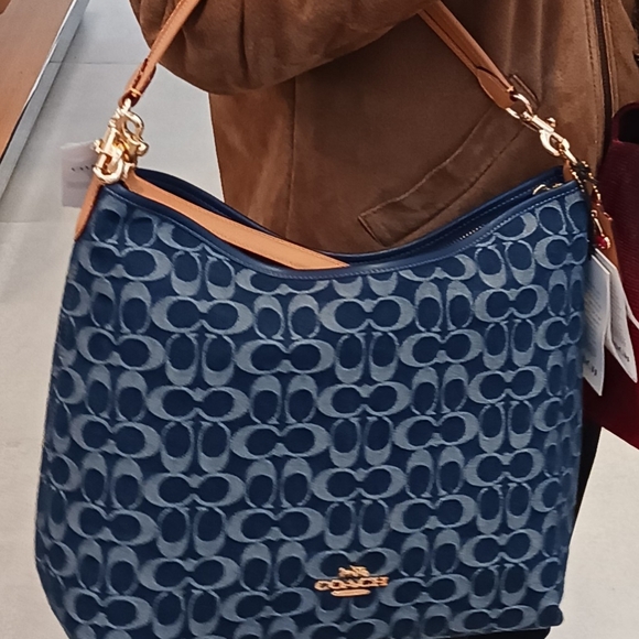 Coach Navy Signature Jacquard Hobo with Tan Strap - Picture 2 of 7